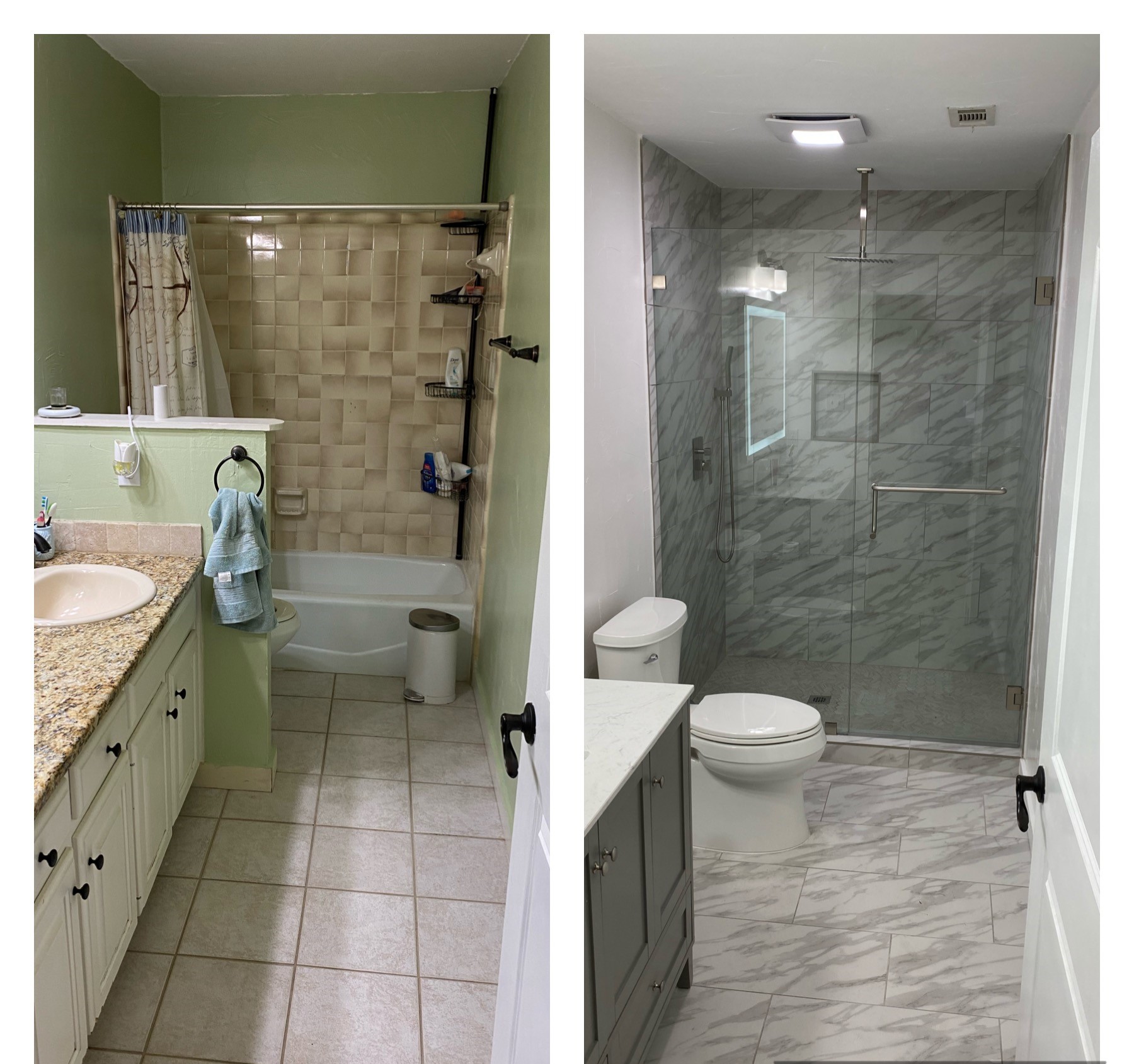 Full bathroom renovation with new tile, vanity, and open layout.
